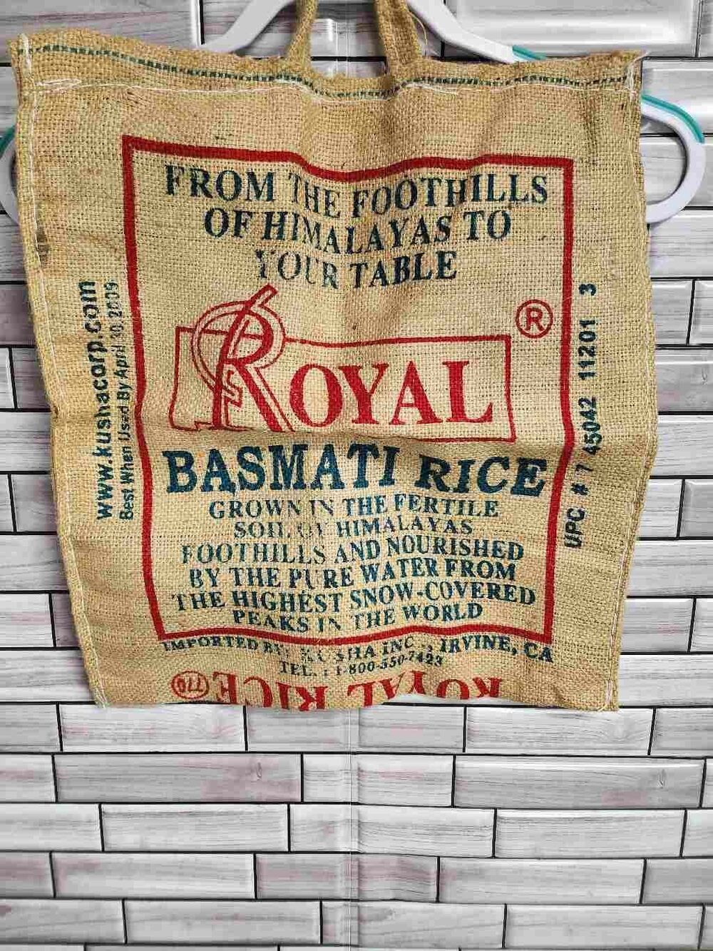 Vintage Style Royal Basmati Rice Burlap Bag, Side Zippered Tote Bags #A62